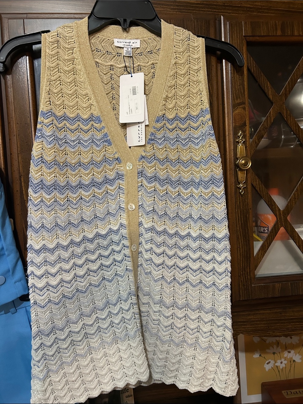 Current Air Beige Blue White Sleeveless Button-Front Knit Vest